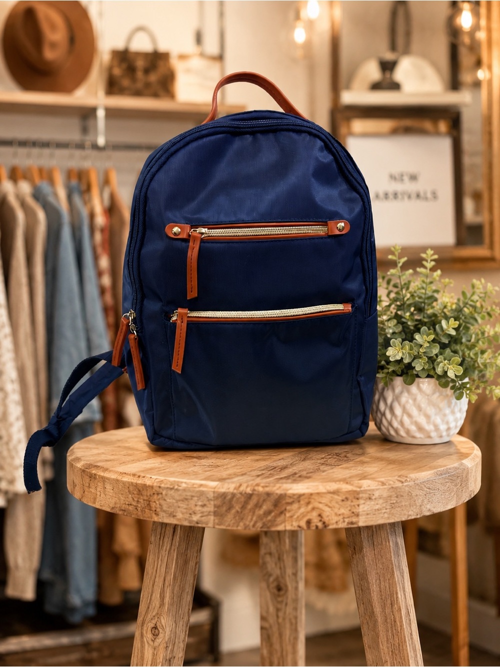 Navy Blue Backpack Nylon Travel School Work Bag Gold Zip NWOT